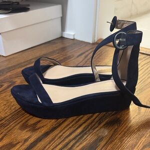 Stuart Weitzman Navy Wedge Suede Sandals